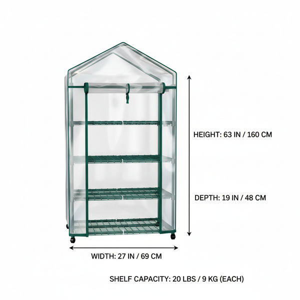 CONCETTA 4-Tier Mini & Portable Greenhouse with Wheels, Rust-Resistant Steel Frame, PVC Cover for Indoor or Outdoor Gardening