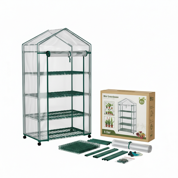 CONCETTA 4-Tier Mini & Portable Greenhouse with Wheels, Rust-Resistant Steel Frame, PVC Cover for Indoor or Outdoor Gardening