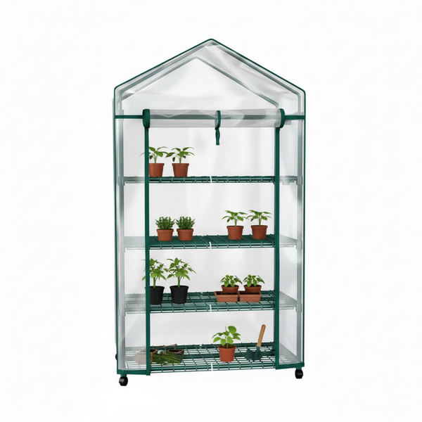 CONCETTA 4-Tier Mini & Portable Greenhouse with Wheels, Rust-Resistant Steel Frame, PVC Cover for Indoor or Outdoor Gardening