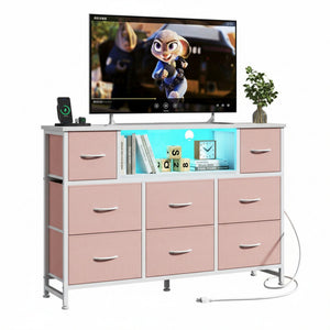 CONCETTA Dresser TV Stand, Entertainment Center with LED Lights & Charging Station, 8 Fabric Drawers for Living Room