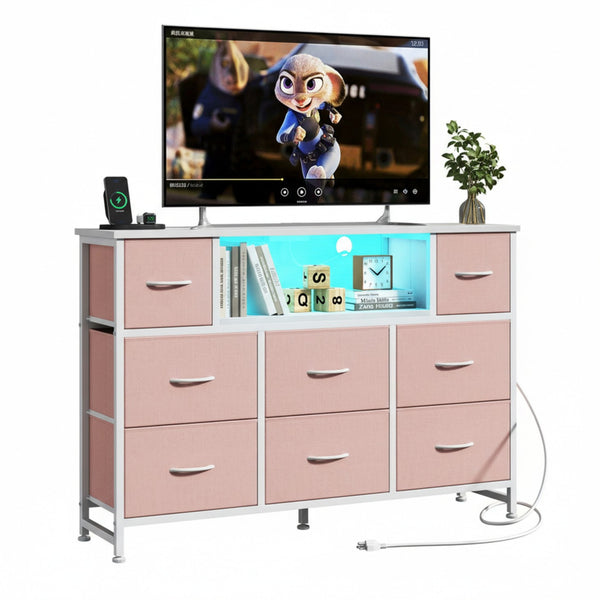 CONCETTA Dresser TV Stand, Entertainment Center with LED Lights & Charging Station, 8 Fabric Drawers for Living Room