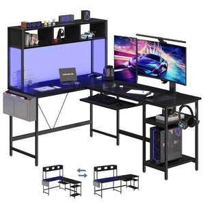 67" Reversible L-Shaped Desk with LED Lights, Power Outlets, Drawer, Keyboard Tray & Hutch