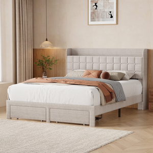 CONCETTA Upholstered Platform Bed, Platform Bed with Headboard and 2 Drawers, Sturdy Modern Wooden & Metal Frame Platform for Mattress Support, No Box Spring Needed