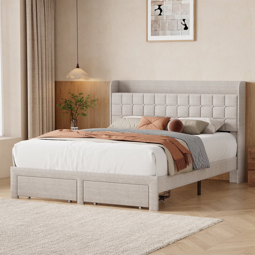 CONCETTA Upholstered Platform Bed, Platform Bed with Headboard and 2 Drawers, Sturdy Modern Wooden & Metal Frame Platform for Mattress Support, No Box Spring Needed