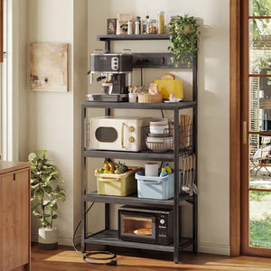 SHOUFTW Kitchen Storage Rack with Power Outlet, 4-Tier Backer's Rack for Microwave Stand & Coffee Bar Storage