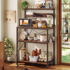 SHOUFTW Kitchen Storage Rack with Power Outlet, 4-Tier Backer's Rack for Microwave Stand & Coffee Bar Storage