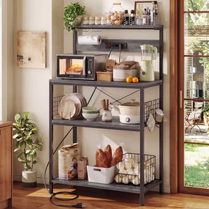 SHOUFTW Kitchen Storage Rack with Power Outlet, 4-Tier Backer's Rack for Microwave Stand & Coffee Bar Storage