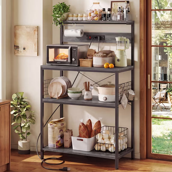 SHOUFTW Kitchen Storage Rack with Power Outlet, 4-Tier Backer's Rack for Microwave Stand & Coffee Bar Storage