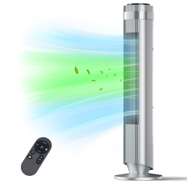 SHOUFTW Tower Fan Standing Bladeless, 23ft/s Velocity Quiet, 64° Oscillating with 5 Speeds, 4 Modes, 12H Timer for Indoor Bedroom