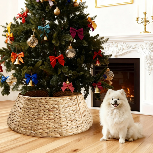 CONCETTA Christmas Tree Collar, Farmhouse Detachable Handwoven Christmas Tree Base Cover, Christmas Tree Basket Base, for Holiday,Black