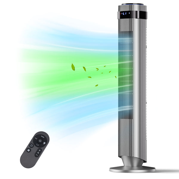 SHOUFTW Tower Fan Standing Bladeless, 23ft/s Velocity Quiet, 64° Oscillating with 5 Speeds, 4 Modes, 12H Timer for Indoor Bedroom