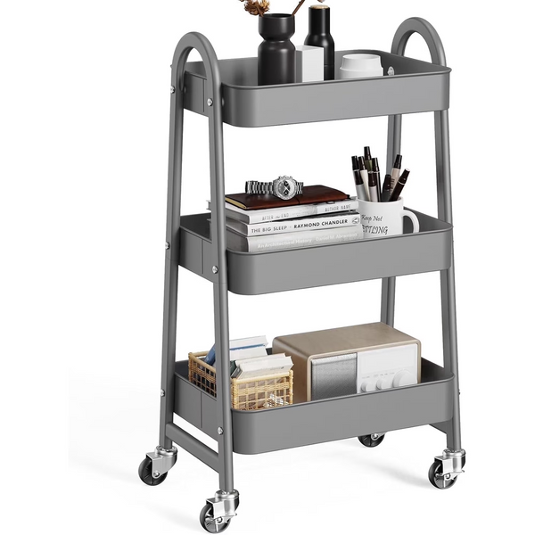 CONCETTA 3-Tier Utility Rolling Cart, Metal Mobile Storage Rack with Lockable Castors for Office, School, Bathroom
