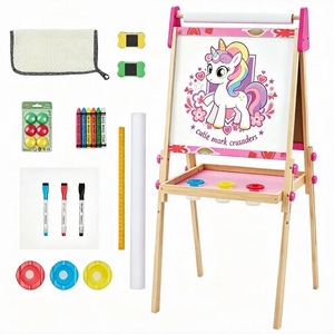CONCETTA Kids Easel, Double-Sided Magnet Whiteboard & Chalkboard with Paper Roll, Storage Shelf & Accessories,