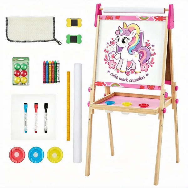 CONCETTA Kids Easel, Double-Sided Magnet Whiteboard & Chalkboard with Paper Roll, Storage Shelf & Accessories,