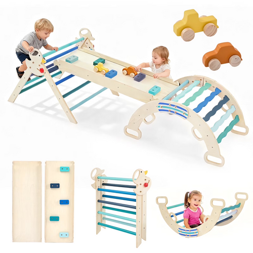 CONCETTA Pikler Triangle Set, 9-in-1 Foldable Montessori Toddler Climbing Toys Indoor with Arch, Ramp and Ladder, Jungle Gym, Blue