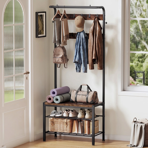 CONCETTA 4-in-1 Coat Rack Hall Tree with Shoe Bench, Shoe Storage, Removable Hooks, Hanging Rod, 13.3 x 28.3 x 72.1 Inches