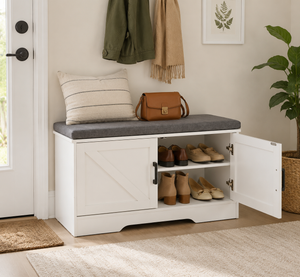 CONCETTA White Storage Bench, Padded Seat Entryway Shoe Bench Featuring 4 Barn Doors and Adjustable Storage Shelf