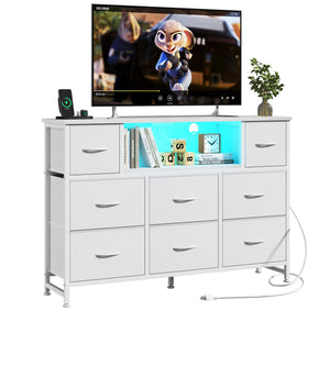 CONCETTA Dresser TV Stand, Entertainment Center with LED Lights & Charging Station, 8 Fabric Drawers for Living Room