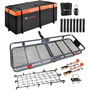 CONCETTA Folding Hitch Mount Cargo Carrier Basket (60.5''×21.1''×6'') with 16 Cu Ft Waterproof Cargo Bag, 500 Lbs Capacity - Includes Hitch Stabilizer, Cargo Net and Straps