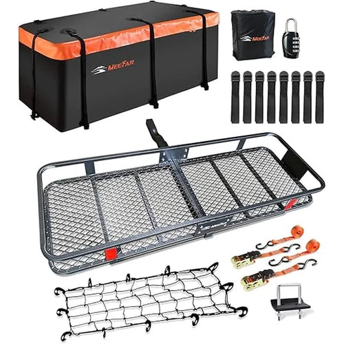 CONCETTA Folding Hitch Mount Cargo Carrier Basket (60.5''×21.1''×6'') with 16 Cu Ft Waterproof Cargo Bag, 500 Lbs Capacity - Includes Hitch Stabilizer, Cargo Net and Straps
