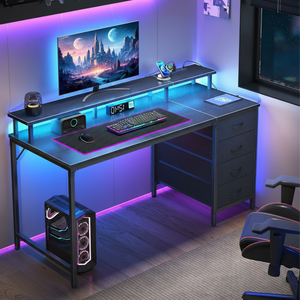 CONCETTA Computer Gaming Desk with 4 Drawers, Power Outlets and LED Lights for Home Small Spaces