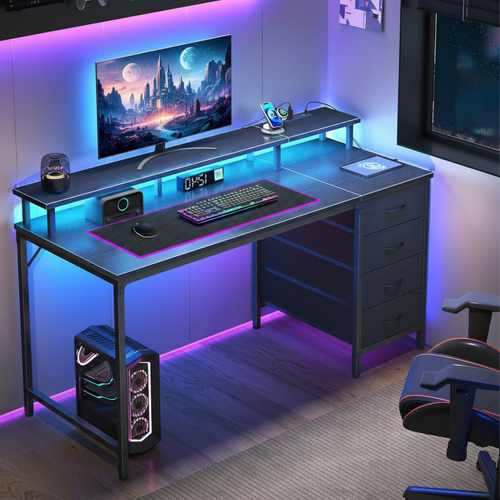 CONCETTA Computer Gaming Desk with 4 Drawers, Power Outlets and LED Lights for Home Small Spaces
