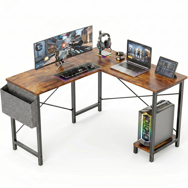 CONCETTA 49 Inch Modern L Shaped Computer Desk with Lower Storage Shelf & Side Bag, Two-Way Convertible Corner Gaming Table for Home Office
