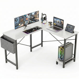 CONCETTA 49 Inch Modern L Shaped Computer Desk with Lower Storage Shelf & Side Bag, Two-Way Convertible Corner Gaming Table for Home Office