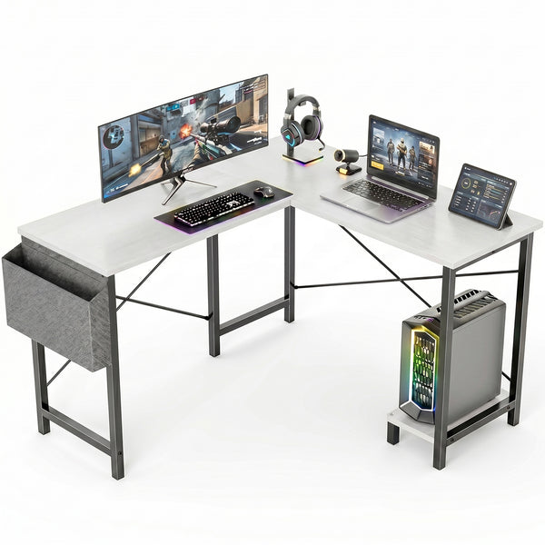 CONCETTA 49 Inch Modern L Shaped Computer Desk with Lower Storage Shelf & Side Bag, Two-Way Convertible Corner Gaming Table for Home Office