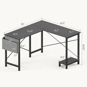 CONCETTA 49 Inch Modern L Shaped Computer Desk with Lower Storage Shelf & Side Bag, Two-Way Convertible Corner Gaming Table for Home Office