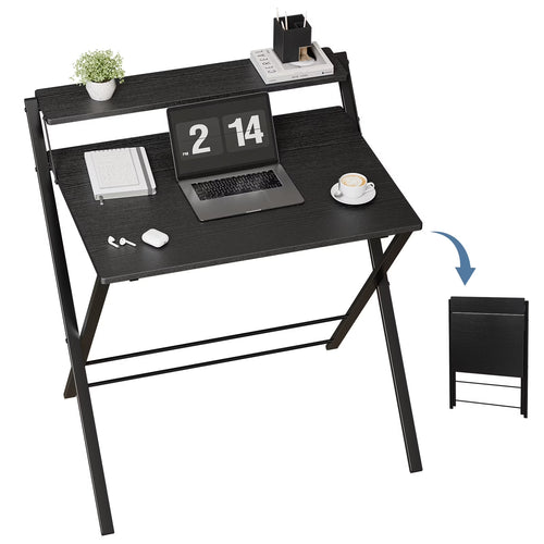 CONCETTA Folding Desk No Assembly Needed, 2-Tier Space Saving Laptop Desk with Shelf, Compact Computer Table for Apartment Dorm Home Office
