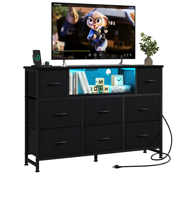 CONCETTA Dresser TV Stand, Entertainment Center with LED Lights & Charging Station, 8 Fabric Drawers for Living Room
