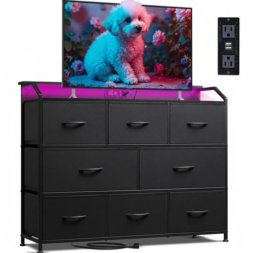 CONCETTA Led Dresser for Bedroom, TV Stand for Bedroom with LED Lights and Power Outlet, 8 Fabric Drawers for Living Room and Entryway