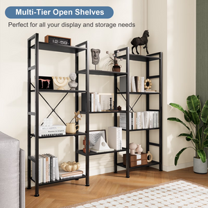 CONCETTA Triple 4-Tier Bookshelf with 11 Open Display Shelves, Adjustable Storage Bookcase for Home & Office, Sturdy Steel Frame and Wood Construction, Anti-Tip and Adjustable Feet