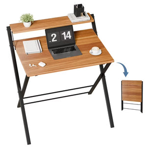 CONCETTA Folding Desk No Assembly Needed, 2-Tier Space Saving Laptop Desk with Shelf, Compact Computer Table for Apartment Dorm Home Office