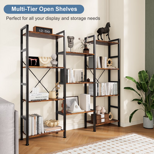 CONCETTA Triple 4-Tier Bookshelf with 11 Open Display Shelves, Adjustable Storage Bookcase for Home & Office, Sturdy Steel Frame and Wood Construction, Anti-Tip and Adjustable Feet