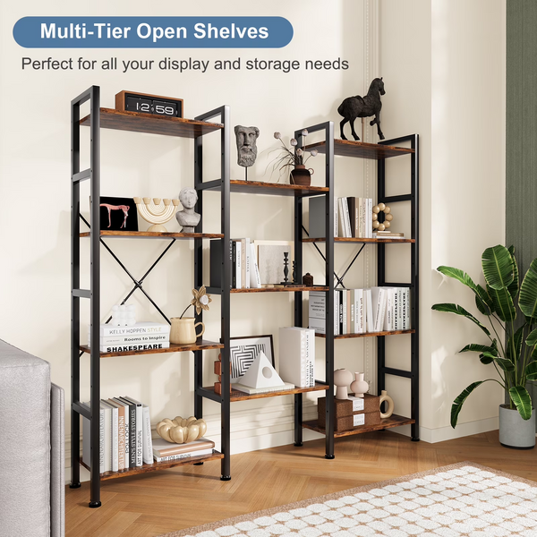 CONCETTA Triple 4-Tier Bookshelf with 11 Open Display Shelves, Adjustable Storage Bookcase for Home & Office, Sturdy Steel Frame and Wood Construction, Anti-Tip and Adjustable Feet