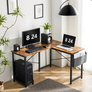 CONCETTA 49in Reversible L Shaped Computer Desk with Storage, Coner Desk with Wooden Desktop, CPU Stand and Side Bag for Home Office & Gaming