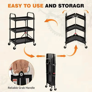 CONCETTA 3-Tier Portable Multifunctional Cart With Wheels, Supports Up To 120 Lbs, Heavy-Duty Foldable Cart, Suitable For Home, Office, Kitchen, And Storage, Black