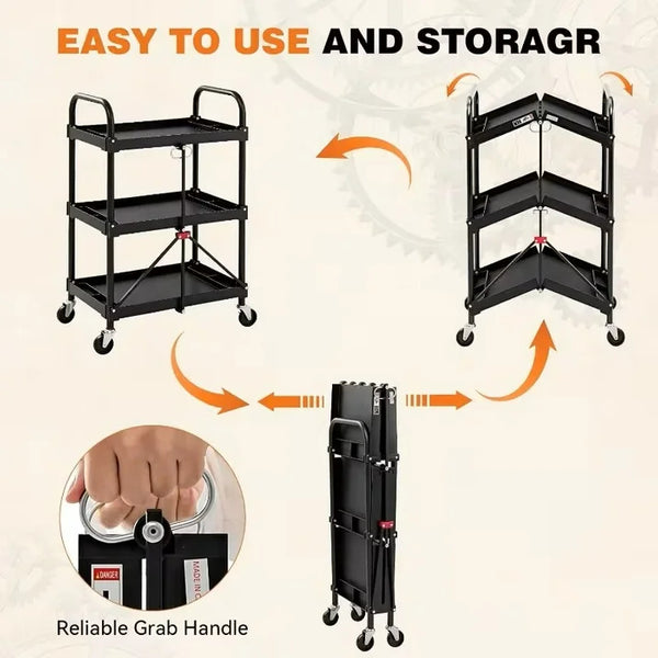 CONCETTA 3-Tier Portable Multifunctional Cart With Wheels, Supports Up To 120 Lbs, Heavy-Duty Foldable Cart, Suitable For Home, Office, Kitchen, And Storage, Black