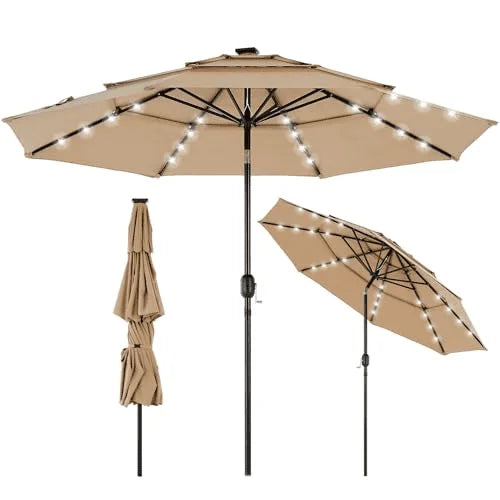 CONCETTA 9.2ft 3-Tier Solar Patio Umbrella with LED Lights, Tilt, Crank, for Garden, Deck, Pool