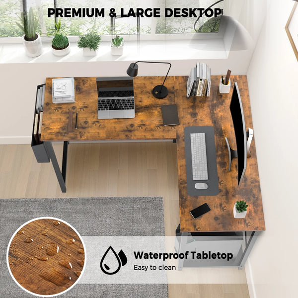 CONCETTA 49in Reversible L Shaped Computer Desk with Storage, Coner Desk with Wooden Desktop, CPU Stand and Side Bag for Home Office & Gaming