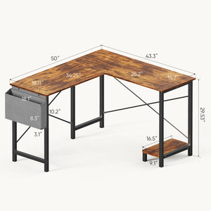 CONCETTA 49 Inch Modern L Shaped Computer Desk with Lower Storage Shelf & Side Bag, Two-Way Convertible Corner Gaming Table for Home Office