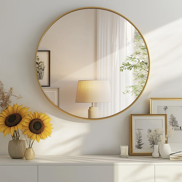 CONCETTA 28-Inch Round Wall-Mounted Mirror, Made Of High-Quality Aluminum, With a Clear And Bright Mirror Surface, Equipped With a Convenient Hook
