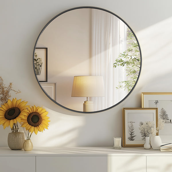 CONCETTA 28-Inch Round Wall-Mounted Mirror, Made Of High-Quality Aluminum, With a Clear And Bright Mirror Surface, Equipped With a Convenient Hook