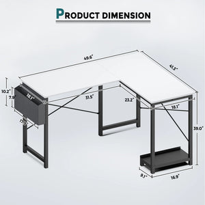 CONCETTA 49in Reversible L Shaped Computer Desk with Storage, Coner Desk with Wooden Desktop, CPU Stand and Side Bag for Home Office & Gaming