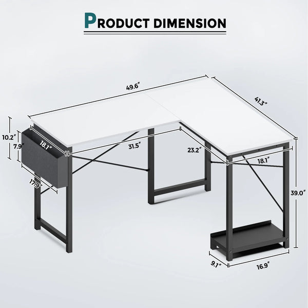 CONCETTA 49in Reversible L Shaped Computer Desk with Storage, Coner Desk with Wooden Desktop, CPU Stand and Side Bag for Home Office & Gaming