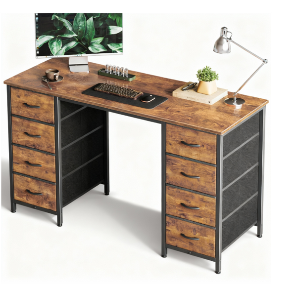 CONCETTA 47 Inch Computer Desk with 8 Fabric Drawers, Home Office Desk Workstation for Study & Gaming, Large Storage Writing Desk, Sturdy Metal Frame, Black