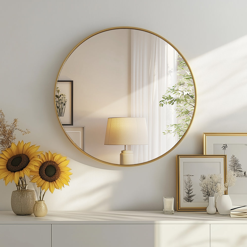 CONCETTA 28-Inch Round Wall-Mounted Mirror, Made Of High-Quality Aluminum, With a Clear And Bright Mirror Surface, Equipped With a Convenient Hook