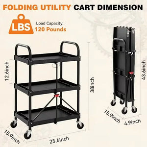 CONCETTA 3-Tier Portable Multifunctional Cart With Wheels, Supports Up To 120 Lbs, Heavy-Duty Foldable Cart, Suitable For Home, Office, Kitchen, And Storage, Black